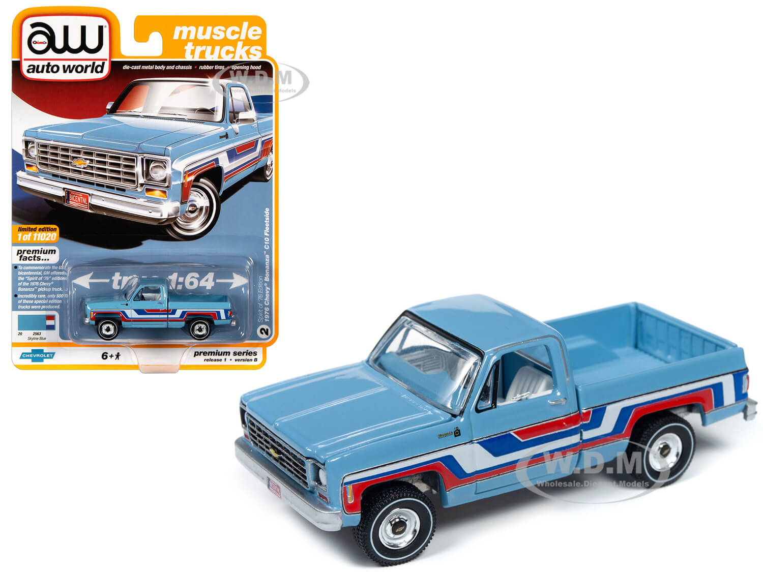 1976 Chevrolet Bonanza C10 Fleetside Pickup Truck "Bicentennial Edition" Skyline Blue with Stripes "Muscle Trucks" Limited Edition to 11020 pieces Wo