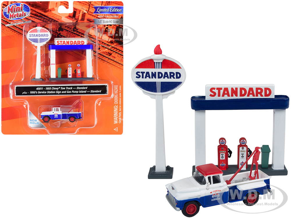 Image of 1955 Chevrolet Tow Truck Blue and Orange with 1950s Service Station Sign and Gas Pump Island "Standard Oil" 1/87 (HO) Scale Model by Classic Metal Wo