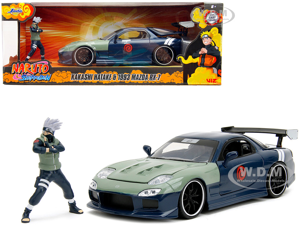 1993 Mazda RX-7 Dark Blue with Green Hood and Kakashi Hatake Diecast Figure Naruto Shippuden (2009-2017) TV Series Anime Hollywood Rides Series 1/24 Diecast Model Car by Jada