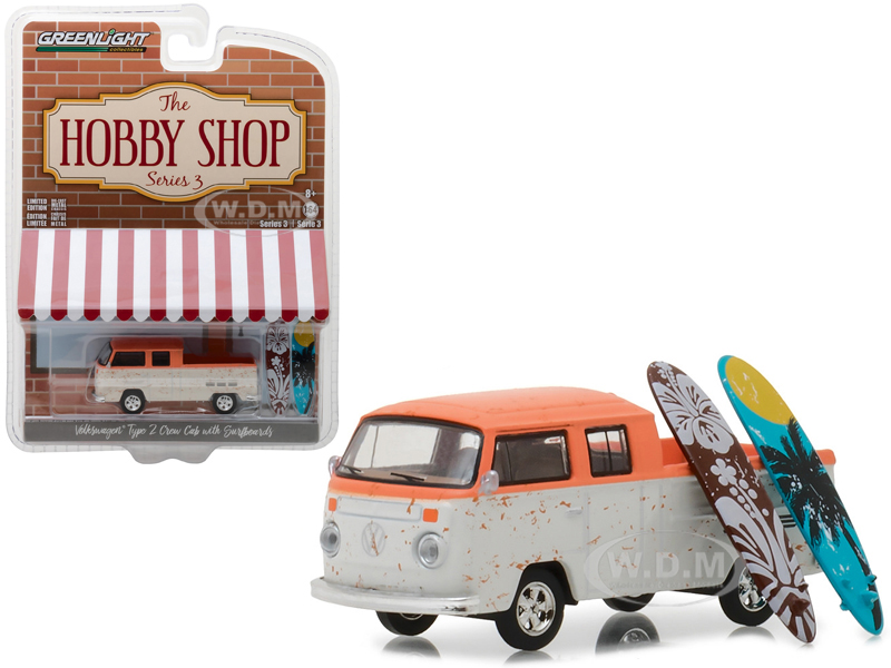 Volkswagen Type 2 Crew Cab Pickup Doka Orange And White With Surfboards "the Hobby Shop" Series 3 1/64 Diecast Model Car By Greenlight
