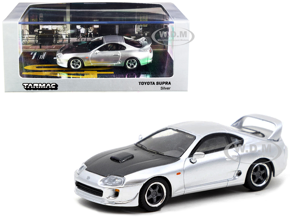 Toyota Supra Silver with Carbon Black Hood 1/64 Diecast Model Car by Tarmac Works