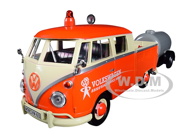 Volkswagen Type 2 (t1) Pickup Truck Orange And Cream With Oil Trailer "road Service" 1/24 Diecast Model Car By Motormax