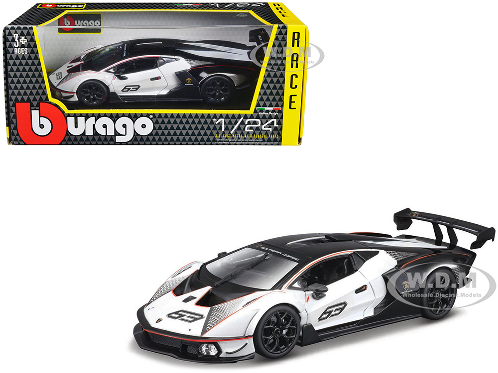 Lamborghini Essenza SCV12 #63 White and Black Squadra Corse Race Series 1/24 Diecast Model Car by Bburago