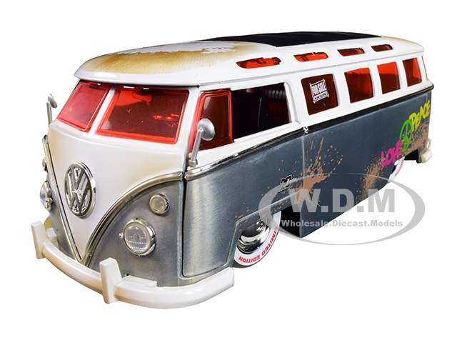 Image of 1962 Volkswagen Bus "Hippie Van" Metal Raw with White Top (Dirty) "FOR SALE" "Jada 20th Anniversary" 1/24 Diecast Model Car by Jada