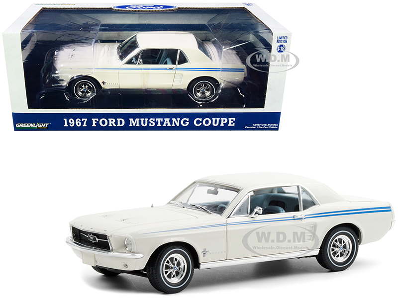 1967 Ford Mustang Coupe Wimbledon White with Scotchlite Blue Stripes "Indy Pacesetter Special" 1/18 Diecast Model Car by Greenlight