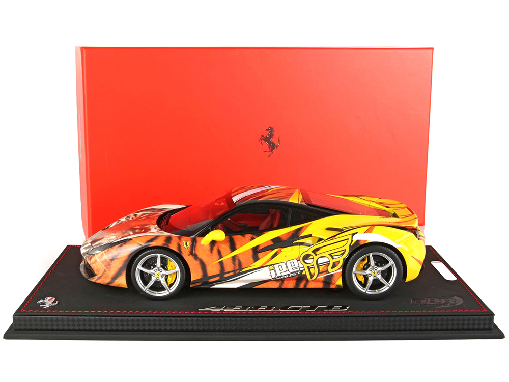 Ferrari 488 GTB "IPE Exhaust" Giallo Modena Yellow with Tiger Graphics with DISPLAY CASE Limited Edition to 100 pieces Worldwide 1/18 Model Car by BB