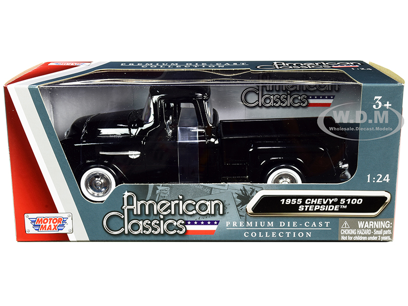 Image of 1955 Chevrolet 5100 Stepside Pickup Truck Black with Whitewall Tires "American Classics" 1/24 Diecast Model Car by Motormax