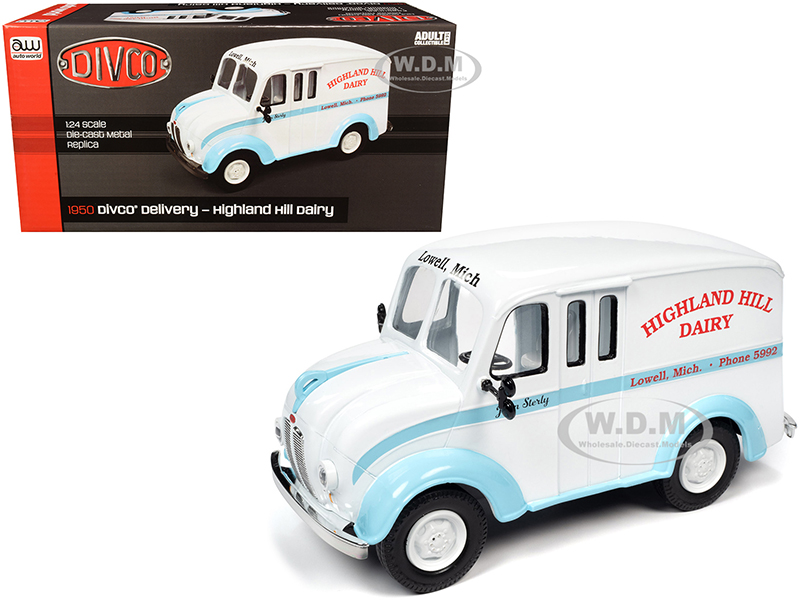 Image of 1950 Divco Delivery Truck "Highland Hill Dairy" White and Blue 1/24 Diecast Model Car by Autoworld
