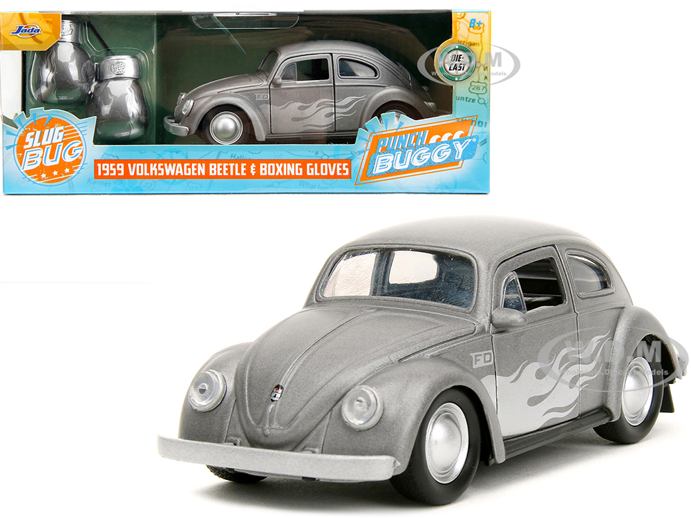 1959 Volkswagen Beetle Gray Metallic with Silver Flames and Boxing Gloves Accessory "Punch Buggy" Series 1/32 Diecast Model Car by Jada