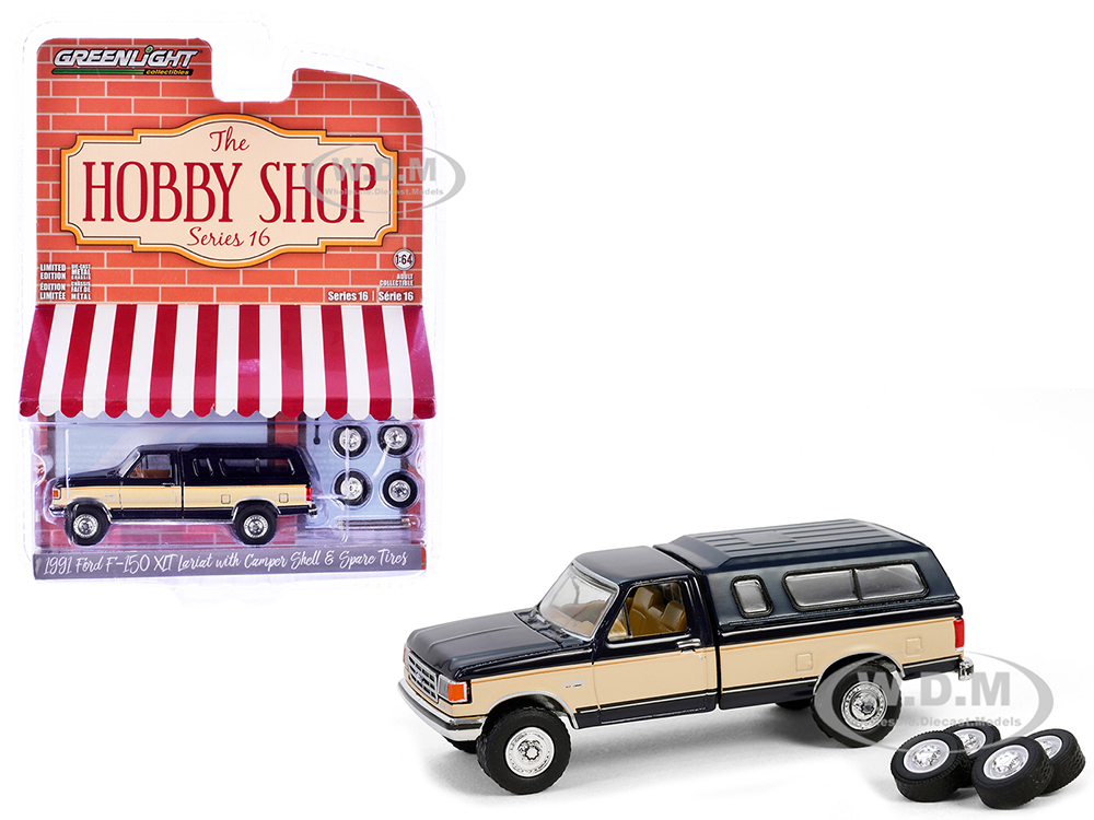 1991 Ford F-150 XLT Lariat Pickup Truck with Camper Shell Deep Shadow Blue and Tan with Spare Tires "The Hobby Shop" Series 16 1/64 Diecast Model Car