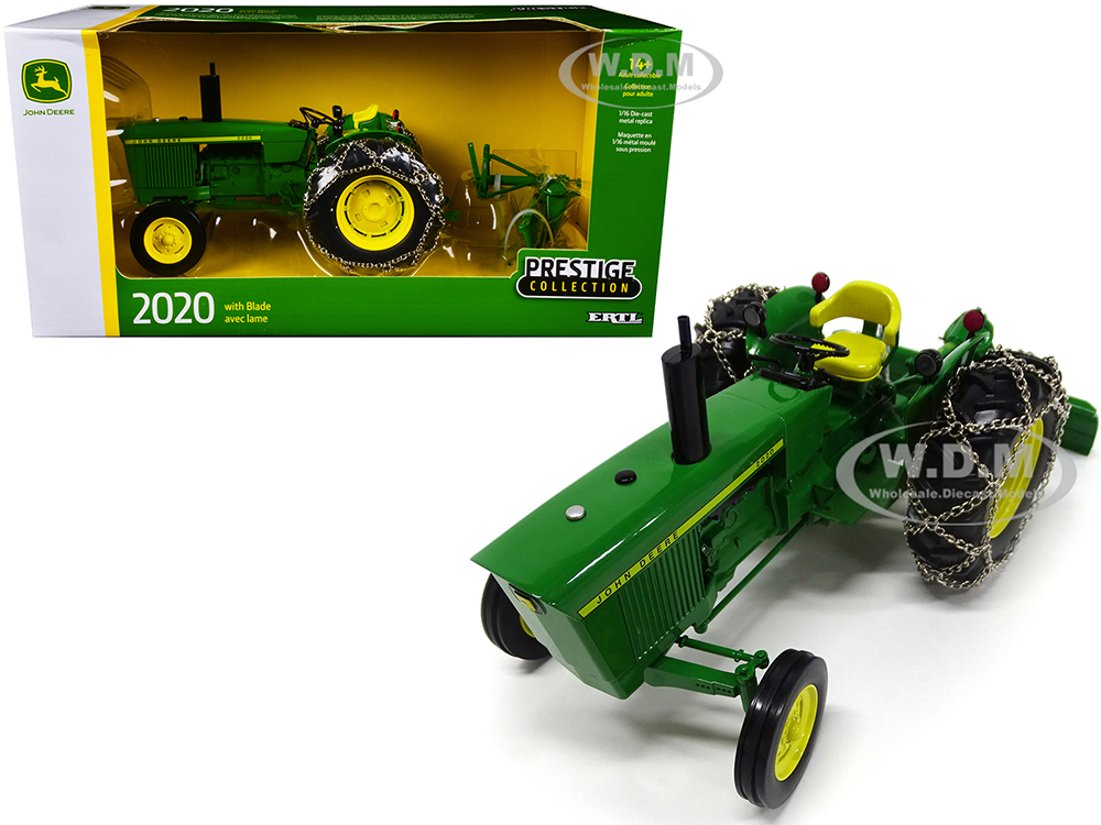 John Deere 2020 Tractor with Tire Chains and Blade Green "Prestige Collection" 1/16 Diecast Model by ERTL TOMY