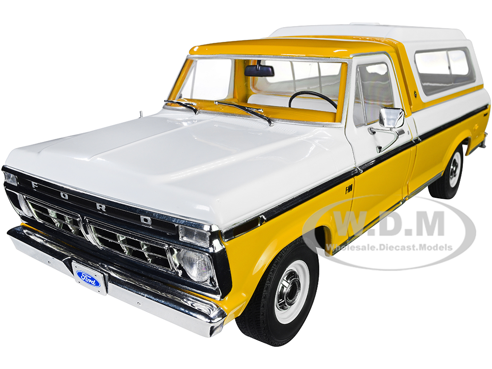 1976 Ford F-100 Ranger Pickup Truck with Deluxe Box Cover Chrome Yellow and Wimbledon White 1/18 Diecast Model Car by Greenlight