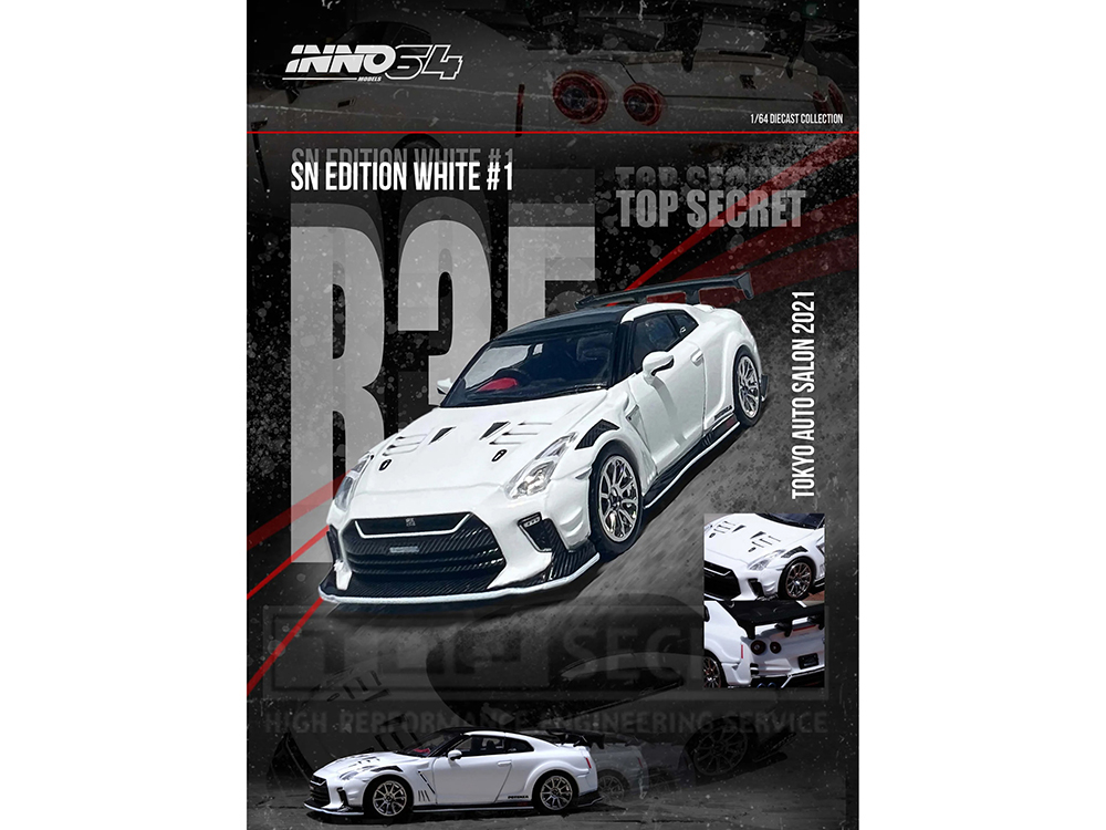 Nissan GT-R (R35) Top Secret RHD (Right Hand Drive) White with Black Top Tokyo Auto Salon 2021 1/64 Diecast Model Car by Inno Models