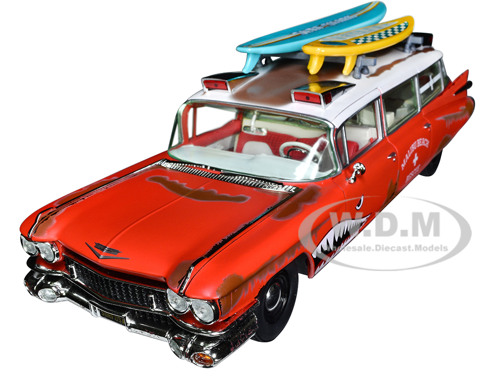 1959 Cadillac Eldorado Ambulance Red with White Top Malibu Beach Rescue (Weathered) with Surfboards on Roof Surf Shark 1/18 Diecast Model Car by Auto World