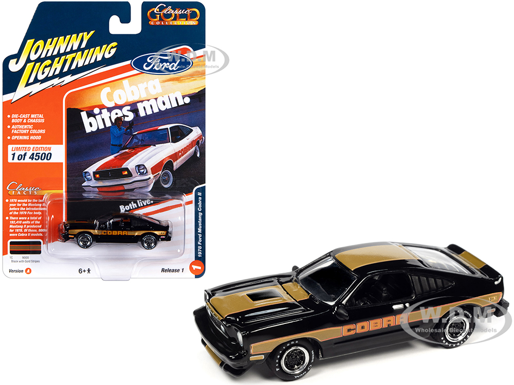1978 Ford Mustang Cobra II Black with Gold Stripes Classic Gold Collection 2023 Release 1 Limited Edition to 4500 pieces Worldwide 1/64 Diecast Model Car by Johnny Lightning