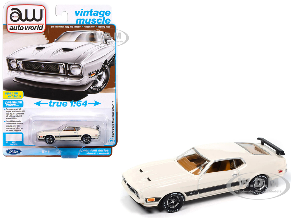 1973 Ford Mustang Mach 1 Pearl White with Black Stripes Vintage Muscle Series 1/64 Diecast Model Car by Auto World