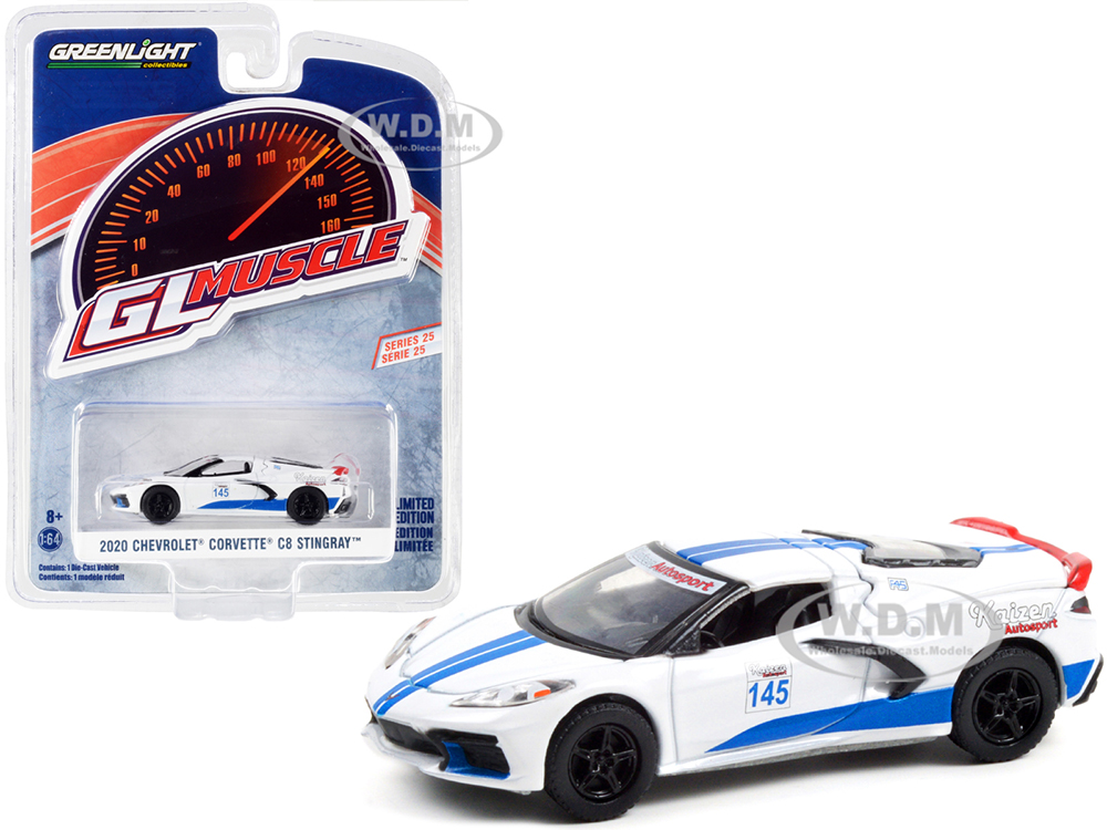2020 Chevrolet Corvette C8 Stingray #145 White with Blue Stripes Greenlight Muscle Series 25 1/64 Diecast Model Car by Greenlight