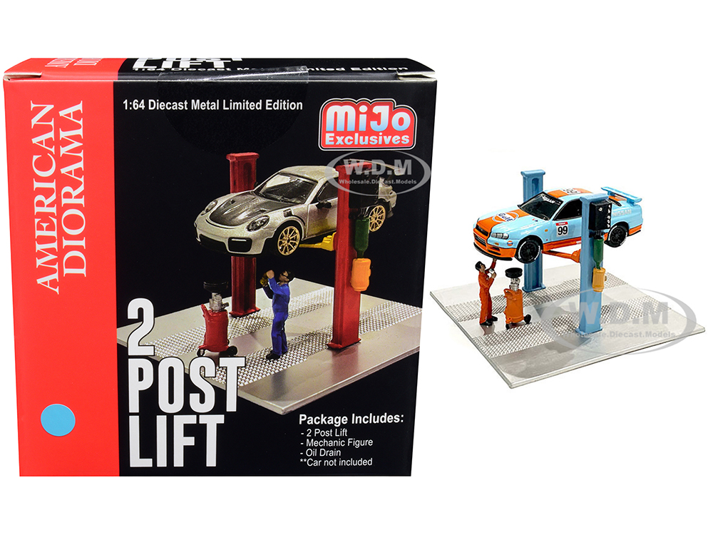 Two Post Lift (Sky Blue) with Mechanic Figurine and Oil Drainer Diorama Set for 1/64 Scale Models by American Diorama