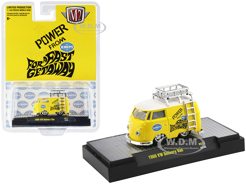 Image of 1960 Volkswagen Delivery Van with Ladder and Roof Rack "EMPI" Bright Yellow with White Top Limited Edition to 7150 pieces Worldwide 1/64 Diecast Mode