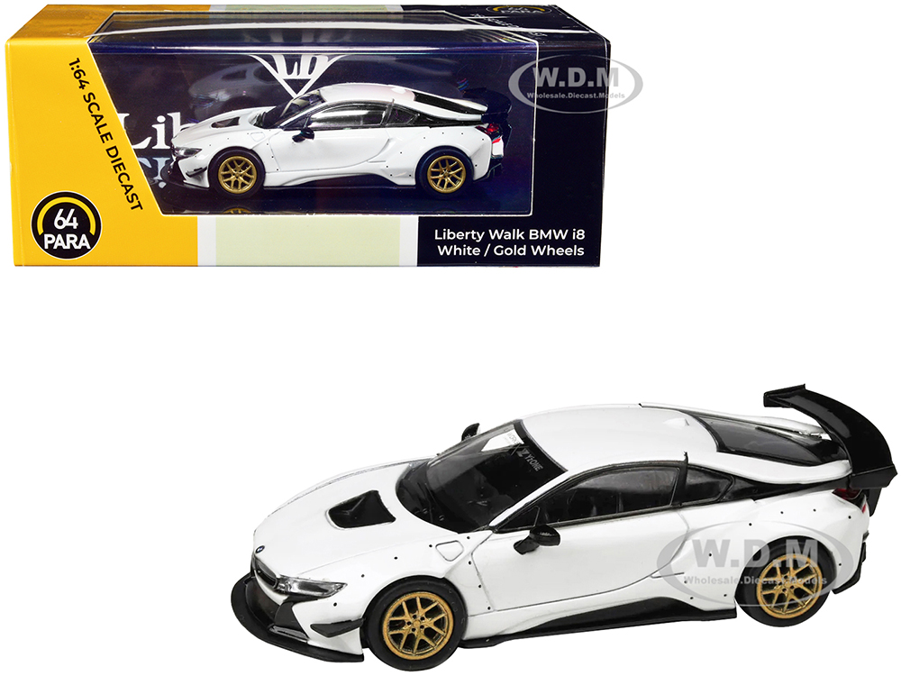 BMW i8 Liberty Walk White with Gold Wheels 1/64 Diecast Model Car by Paragon Models