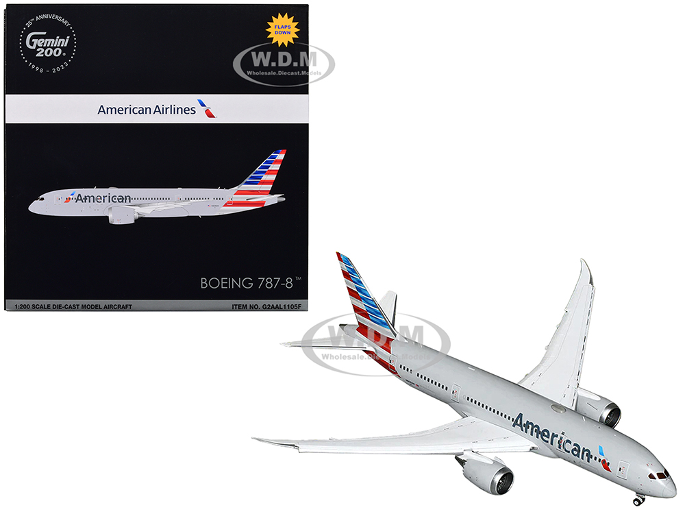 Boeing 787-8 Commercial Aircraft with Flaps Down American Airlines Gray with Tail Stripes Gemini 200 Series 1/200 Diecast Model Airplane by GeminiJets
