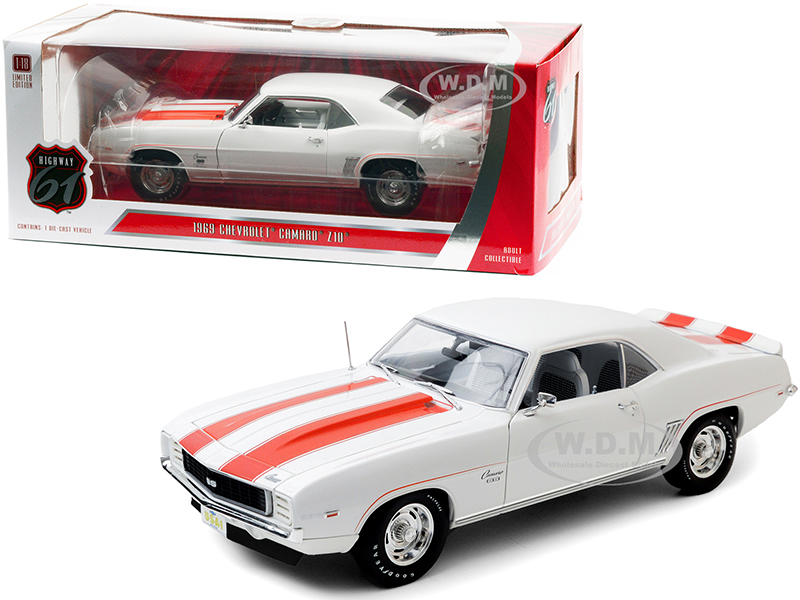 1969 Chevrolet Camaro SS Z10 "Pace Car Coupe" White with Orange Stripes and Black Houndstooth Interior 1/18 Diecast Model Car by Highway 61