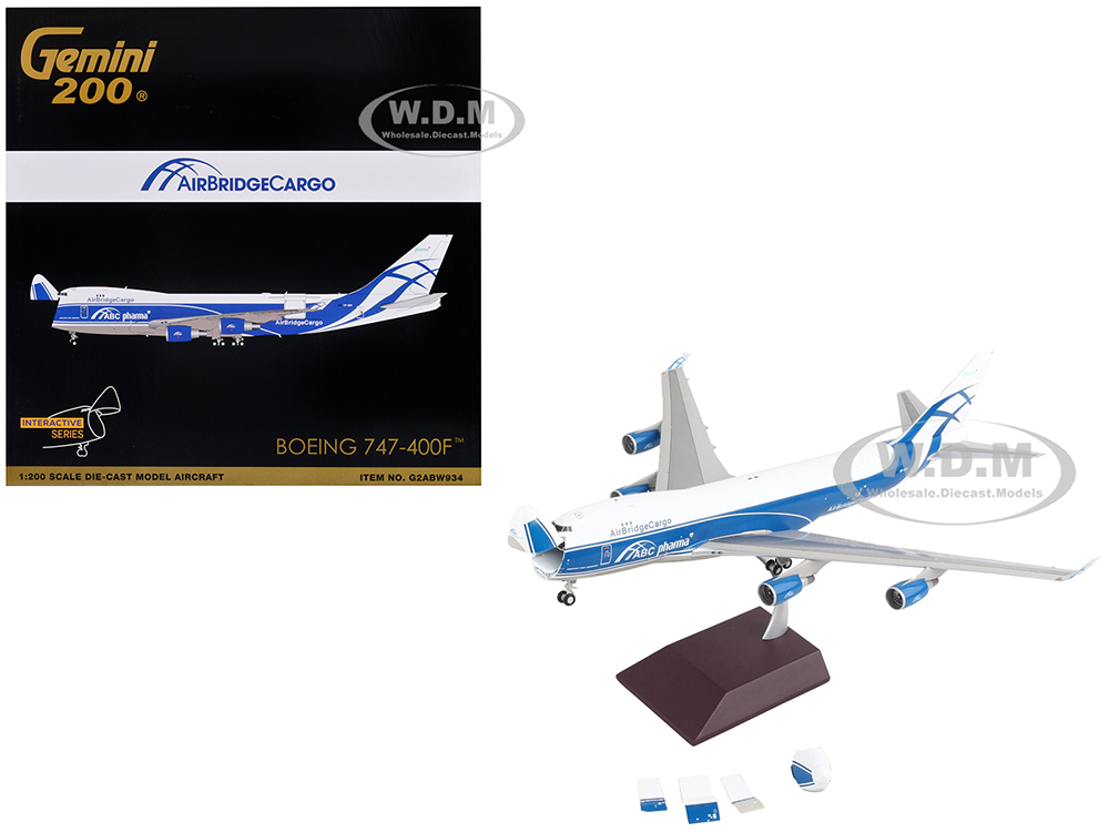 Boeing 747-400F Commercial Aircraft "AirBridgeCargo Airlines" White with Blue Stripes "Gemini 200 - Interactive" Series 1/200 Diecast Model Airplane