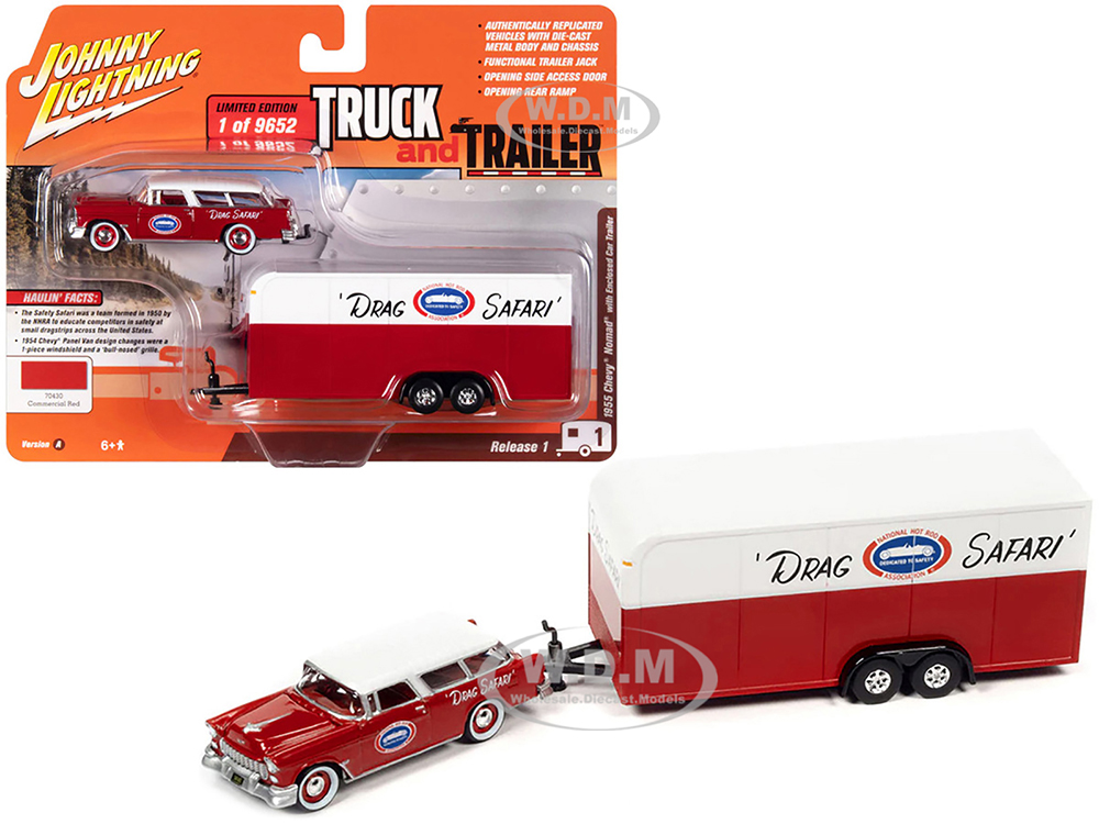 1955 Chevrolet Nomad NHRA Drag Safari Commercial Red with White Top with Enclosed Car Trailer Limited Edition to 9652 pieces Worldwide Truck and Trailer Series 1/64 Diecast Model Car by Johnny Lightning