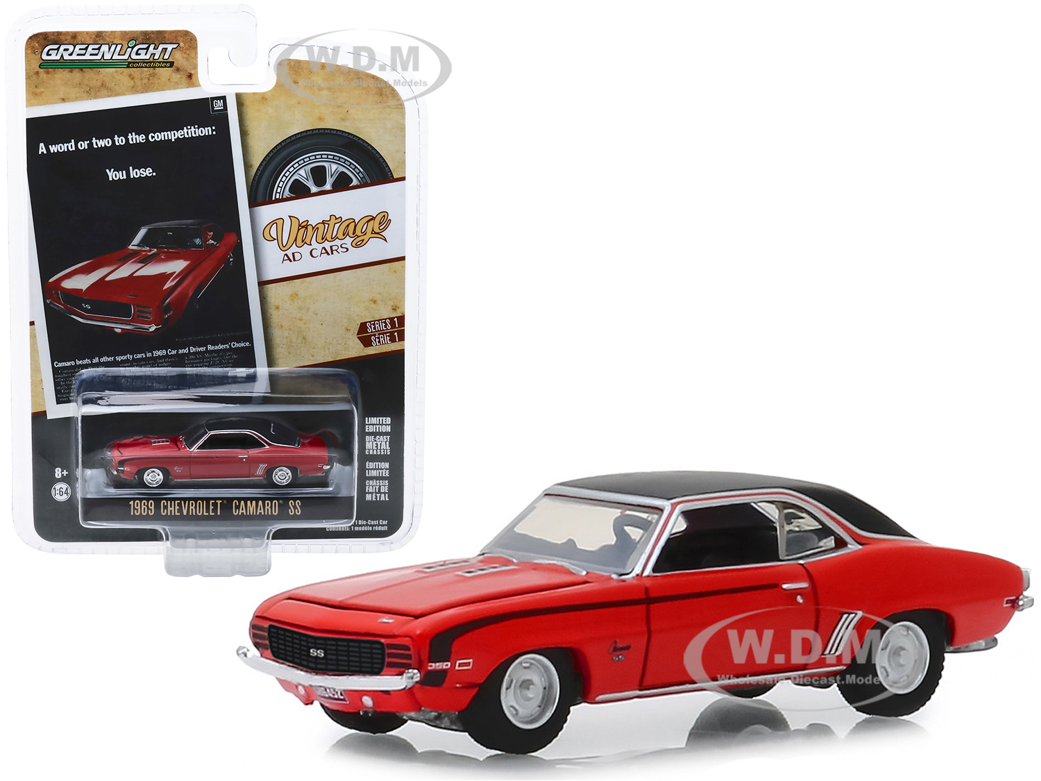 1969 Chevrolet Camaro Ss Red With Black Top "a Word Or Two To The Competition You Lose." "vintage Ad Cars" Series 1 1/64 Diecast Model Car By Greenli