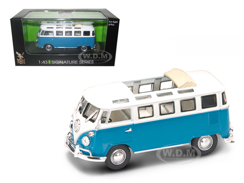 1962 Volkswagen Microbus Van with Open Roof Blue and White 1/43 Diecast Model Car by Road Signature
