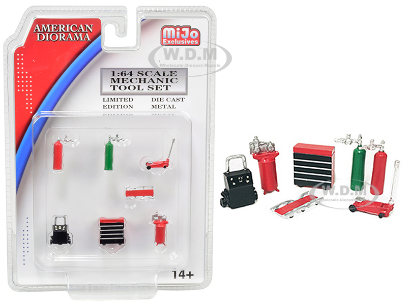 Mechanic Tool Set Of 7 Pieces Red For 1/64 Scale Models By American Diorama
