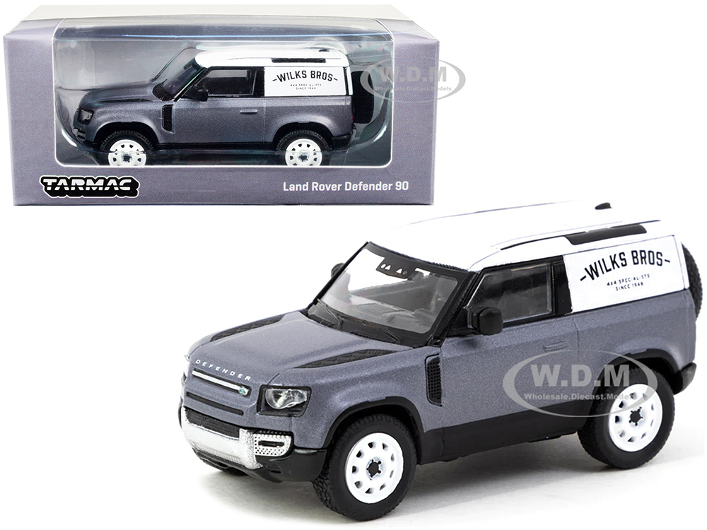 Land Rover Defender 90 Matt Blue Gray Metallic with White Top "Wilks Bros" "Global64" Series 1/64 Diecast Model Car by Tarmac Works