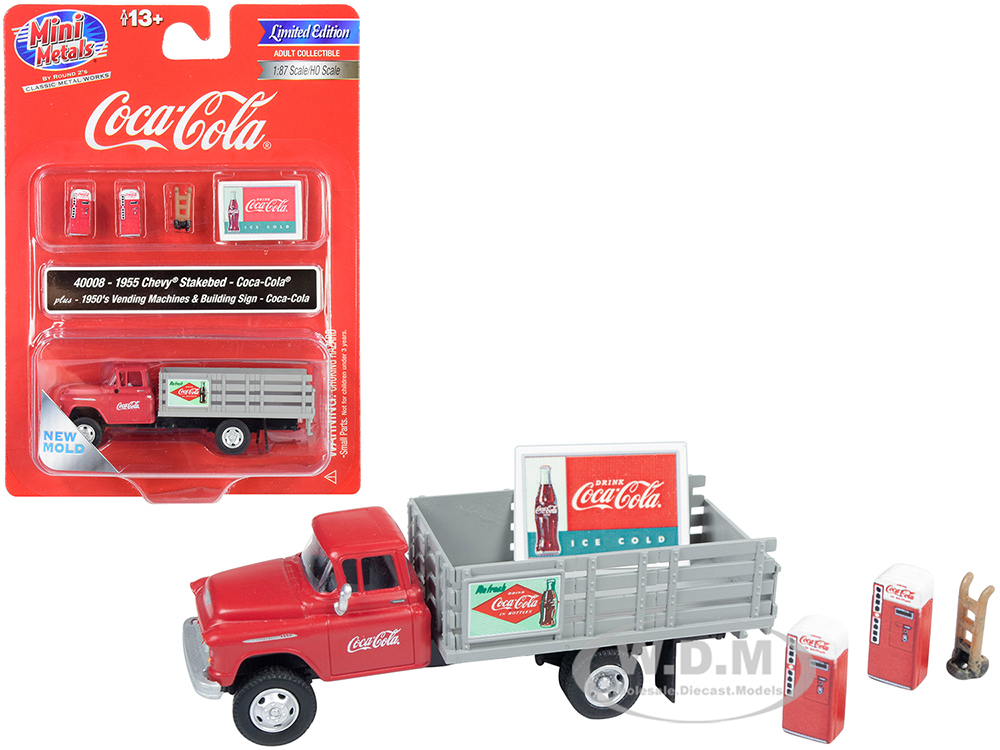 Image of 1955 Chevrolet Stakebed Truck Red and Gray with 1950s Two Vending Machines Hand Truck and Building Sign "Coca-Cola" 1/87 (HO) Scale Model by Classic