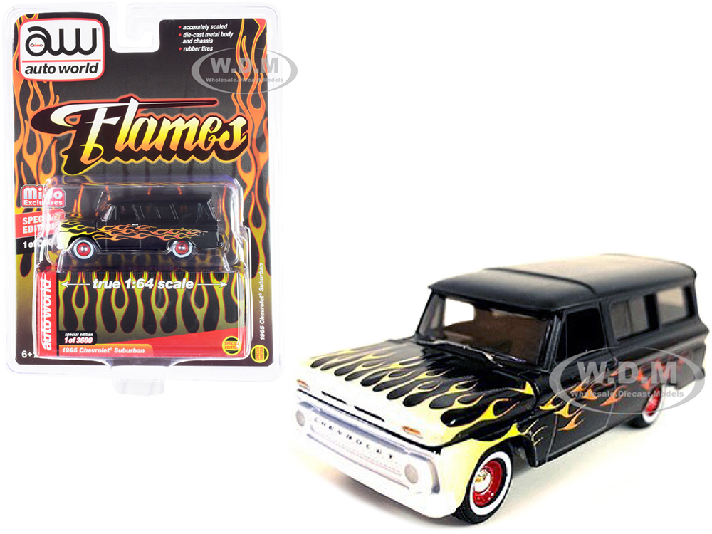 1965 Chevrolet Suburban Custom Matt Black with Flames Limited Edition to 3600 pieces Worldwide 1/64 Diecast Model Car by Auto World