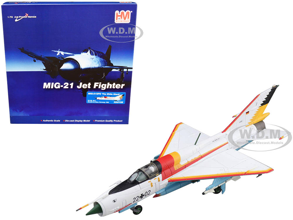 Mikoyan-Gurevich MIG-21SPS The White Shark Fighter Aircraft 22+02 JG-1 Drewitz Air Base Germany (1990) Air Power Series 1/72 Diecast Model by Hobby Master