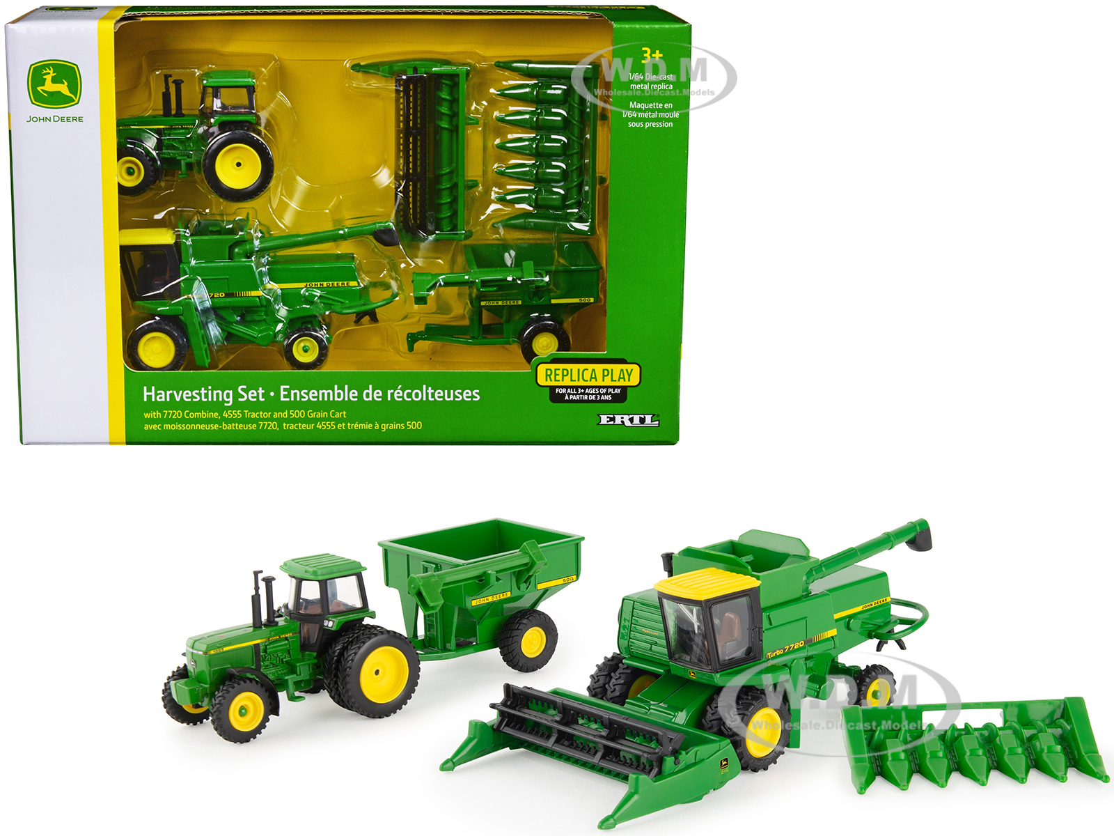 John Deere Harvesting Set of 3 pieces - 7720 Combine 4555 Tractor and 500 Grain Cart 1/64 Diecast Models by ERTL TOMY