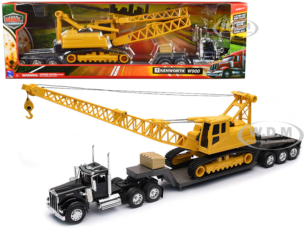Kenworth W900 Truck with Lowboy Trailer Black and Crane Yellow Long Haul Trucker Series 1/32 Diecast Model by New Ray