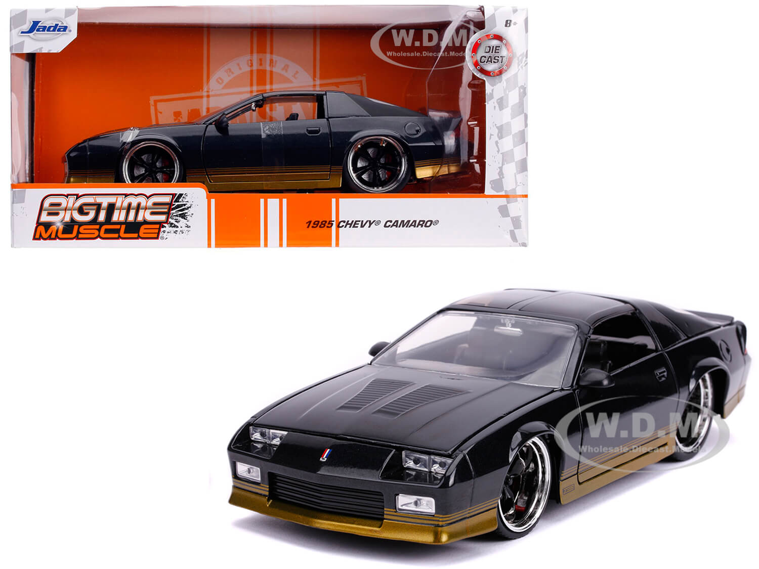 1985 Chevrolet Camaro Z28 Black Metallic with Gold Stripes Bigtime Muscle 1/24 Diecast Model Car by Jada