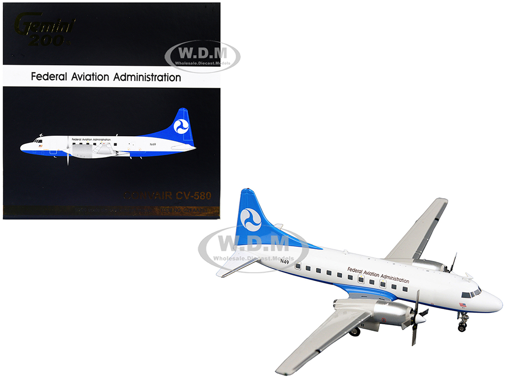 Convair CV-580 Commercial Aircraft "Federal Aviation Administration" White with Blue Tail "Gemini 200" Series 1/200 Diecast Model Airplane by GeminiJ