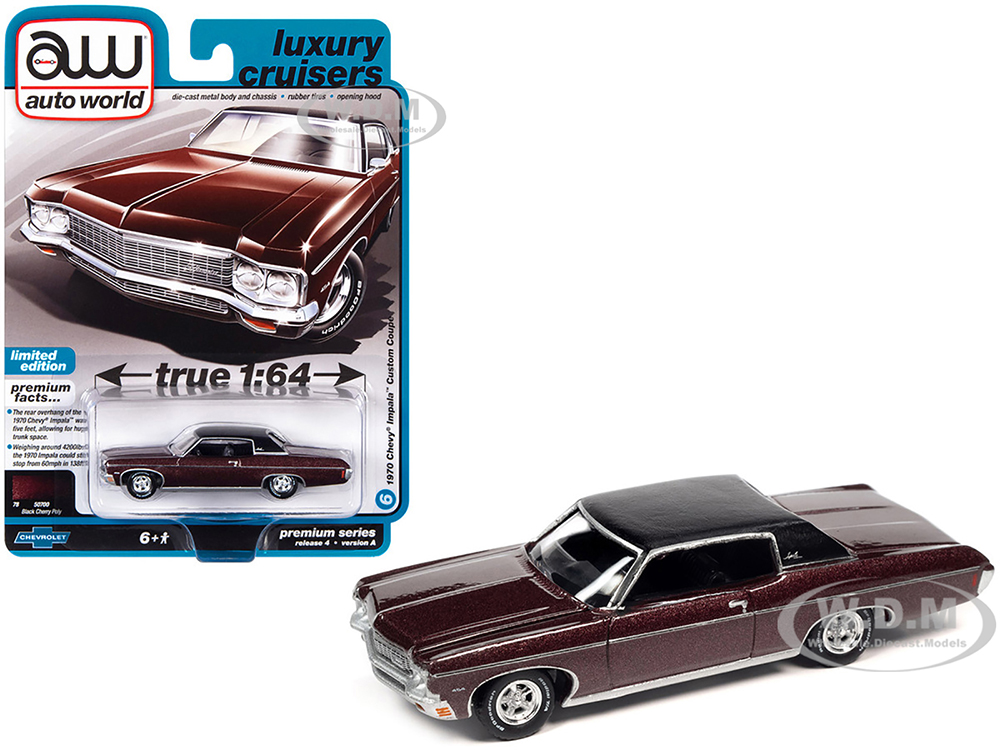 1970 Chevrolet Impala Custom Coupe Black Cherry Metallic with Black Vinyl Top "Luxury Cruisers" Limited Edition 1/64 Diecast Model Car by Auto World