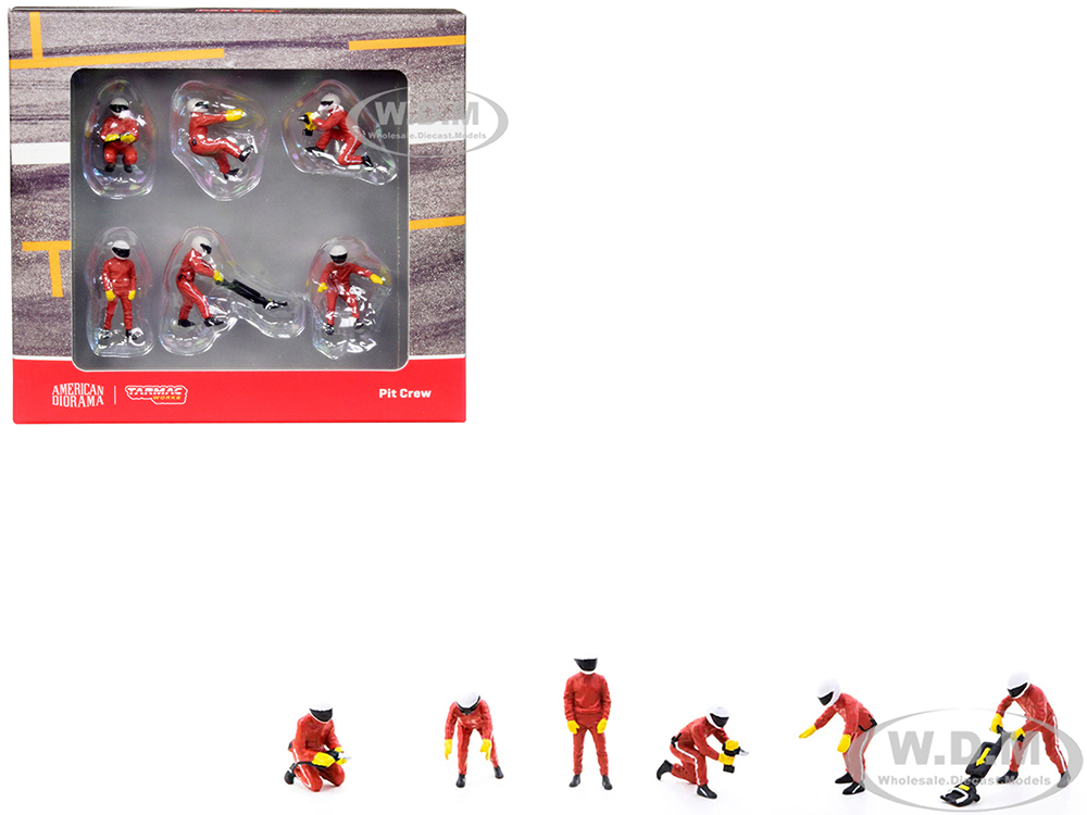 "Pit Crew" with Red Uniform 6 Piece Diecast Figure Set for 1/64 scale models by Tarmac Works &amp; American Diorama