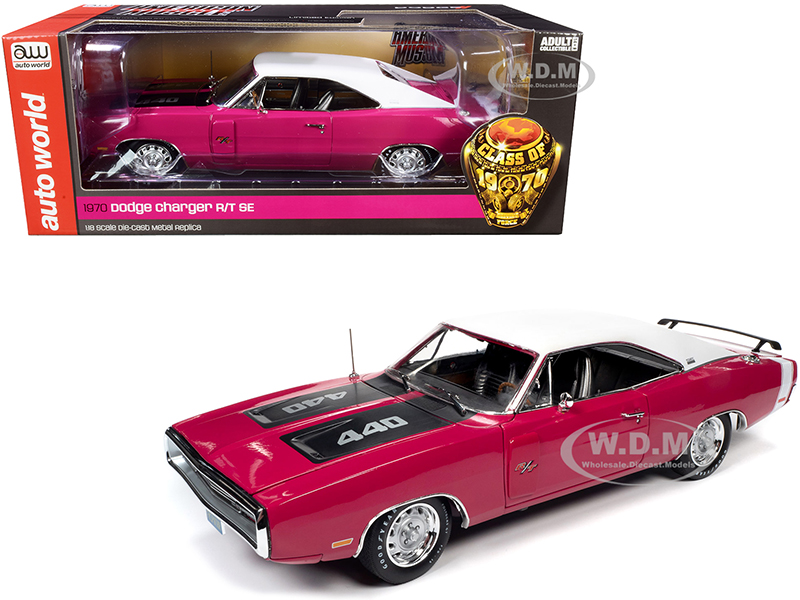 Image of 1970 Dodge Charger R/T SE 440 Hardtop Panther Pink with White Top and Stripe and Black Stripes "Class of 1970" 1/18 Diecast Model Car by Autoworld