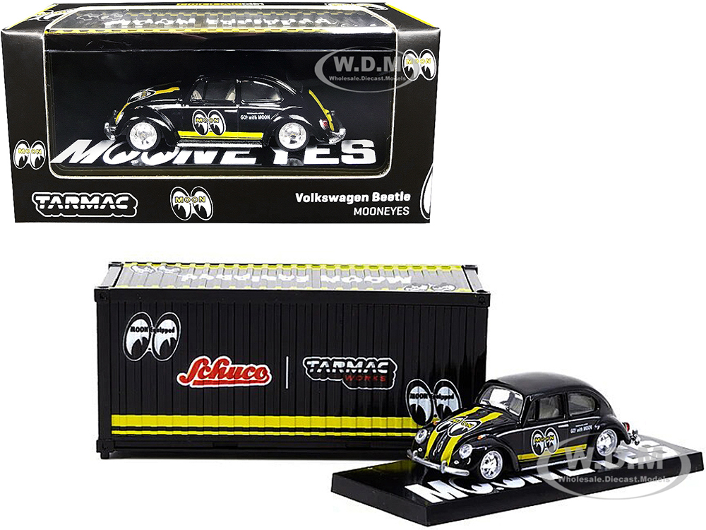 Volkswagen Beetle "Mooneyes" Black with Yellow Stripes with Container Case "Collaboration Model" 1/64 Diecast Model Car by Schuco &amp; Tarmac Works