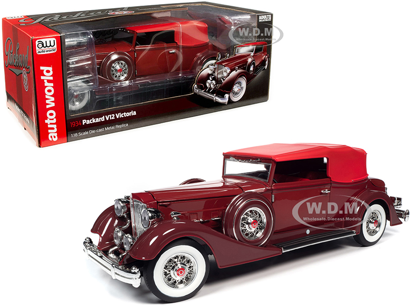 1934 Packard V12 Victoria Burgundy with Red Soft Top and Red Interior 1/18 Diecast Model Car by Autoworld