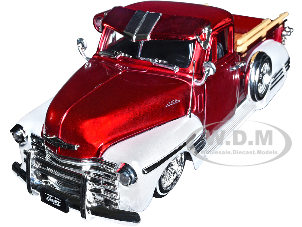 1951 Chevrolet 3100 Pickup Truck Lowrider Candy Red and White Metallic Street Low Series 1/24 Diecast Model Car by Jada