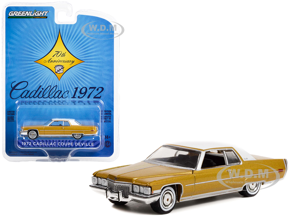 1972 Cadillac Coupe DeVille Gold Metallic with White Top "Cadillac 70th Anniversary" "Anniversary Collection" Series 14 1/64 Diecast Model Car by Gre