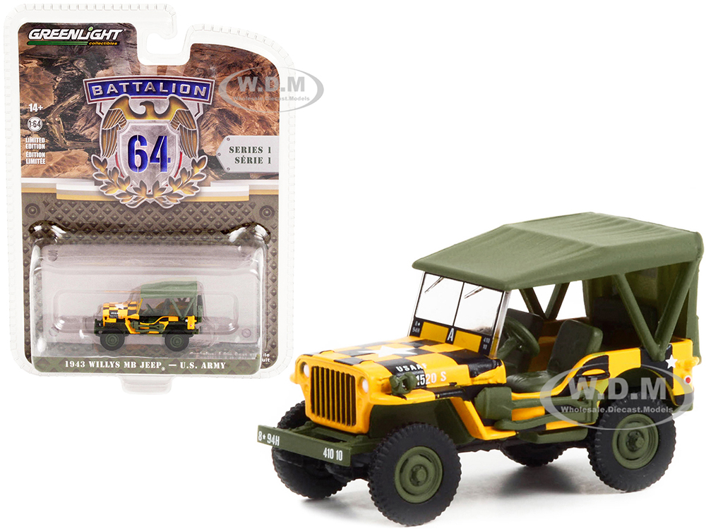 1943 Willys MB Jeep Yellow and Black with Green Top "Follow Me" U.S. Army "Battalion 64" Release 1 1/64 Diecast Model Car by Greenlight