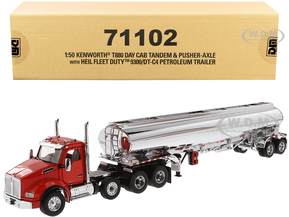 Kenworth T880 Day Cab Tandem Truck with Pusher-Axle and Heil Fleet Duty 9300/DT-C4 Petroleum Tanker Trailer Red and Chrome Transport Series 1/50 Diecast Model by Diecast Masters