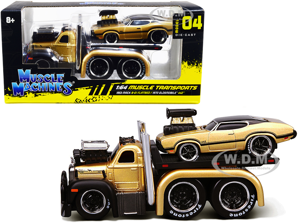 1953 Mack B-61 Flatbed Truck Gold and 1970 Oldsmobile 442 Gold with Black Top and Stripes "Muscle Transports" 1/64 Diecast Model Cars by Muscle Machi
