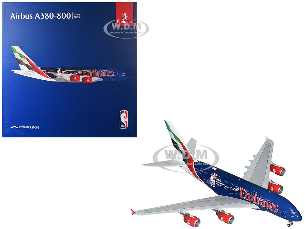Airbus A380-800 Commercial Aircraft Emirates Airlines - Official NBA Partner (A6-EOD) Blue with Tail Graphics Gemini 200 Series 1/200 Diecast Model Airplane by GeminiJets